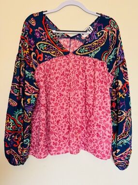 Bucketlist Women Mixed Print Boho Floral 100% Cotton Balloon Sleeve Size Large